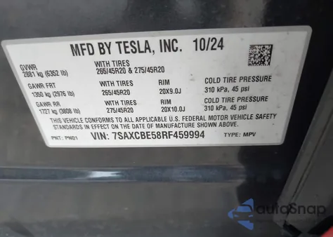 2024 Tesla Model X Long Range z USA, uszkodzony, nr VIN 7SAXCBE58RF459994